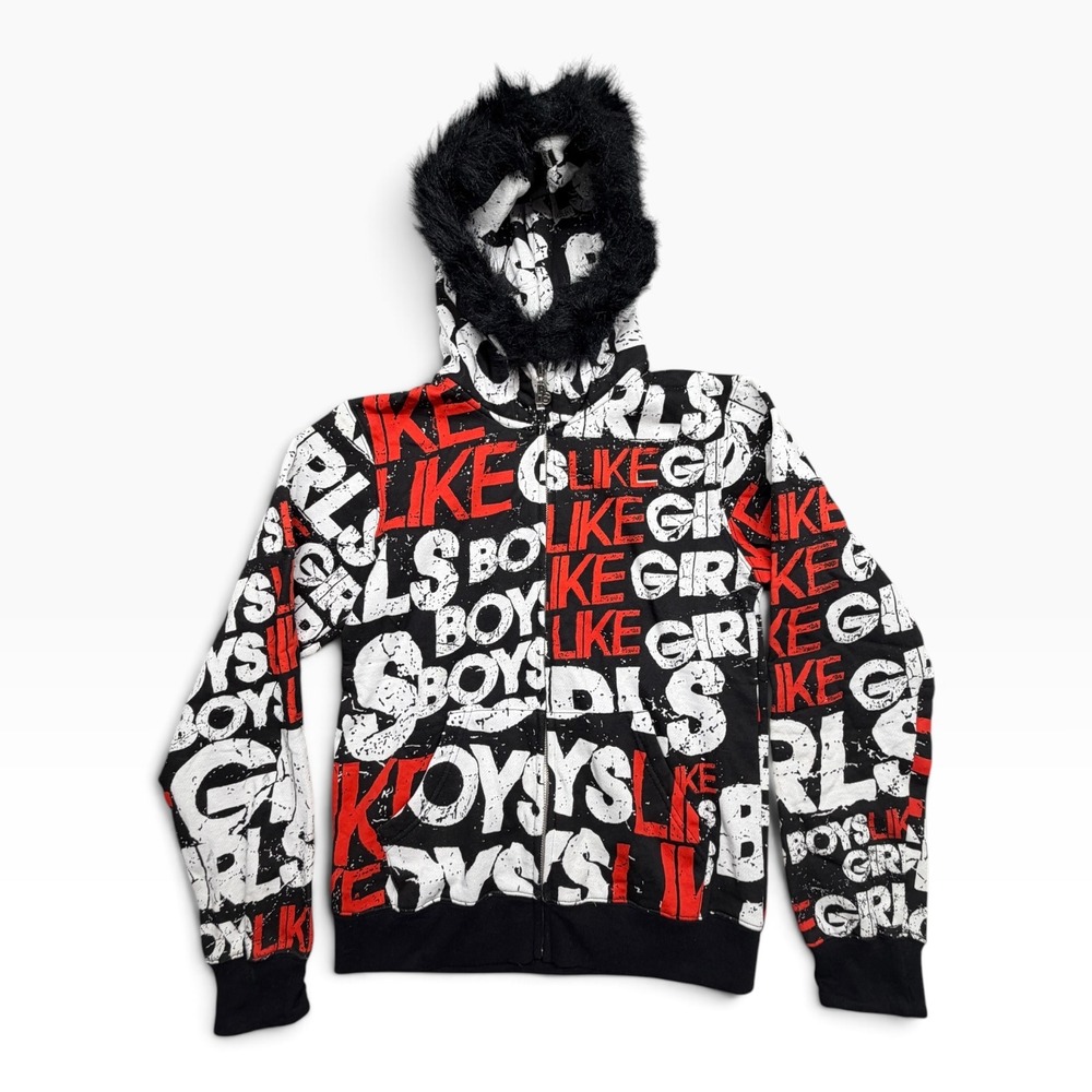 Boys Like Girls Band Merch Hoodie XS Faux Fur Hood All Over Print Emo Scene